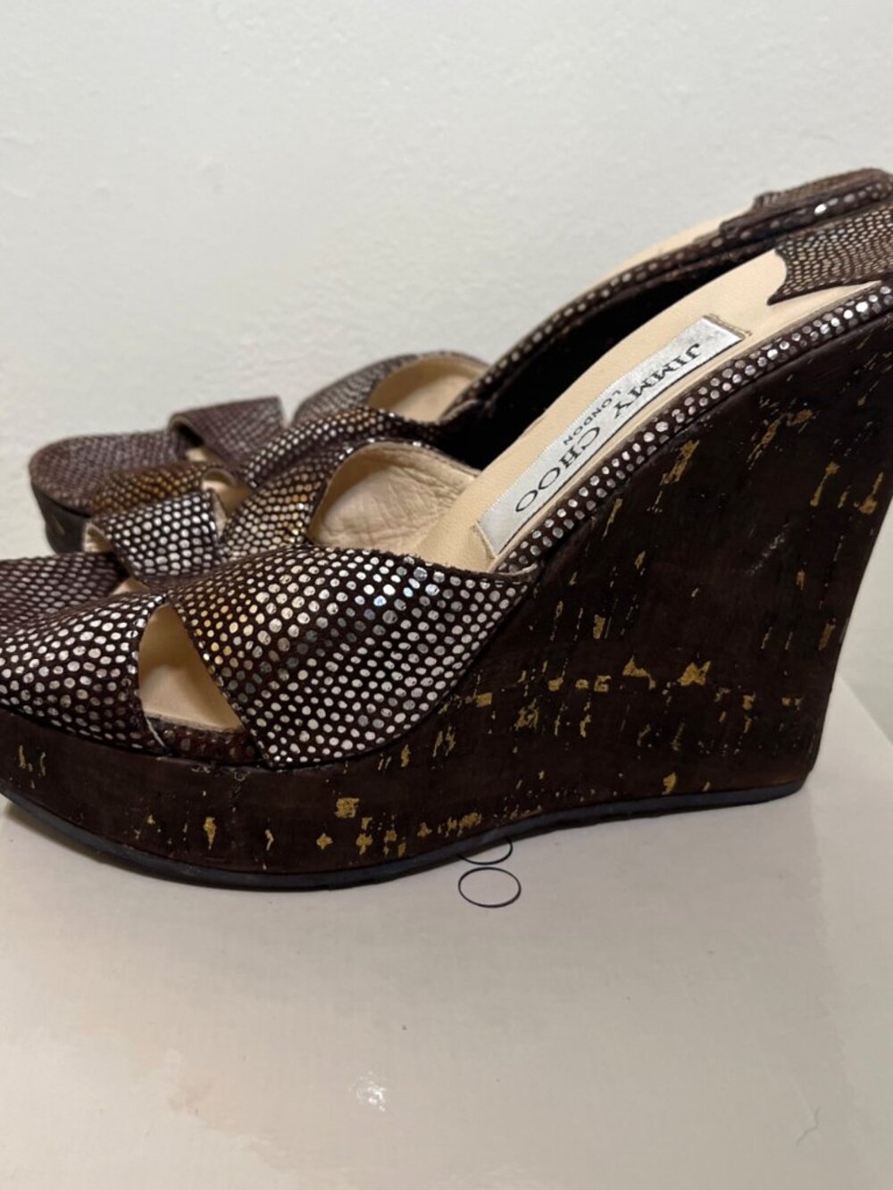 Jimmy Choo Phyllis Wedge Cork Gold Metallic Brown Italy Crisscross  Wns 38